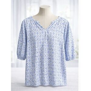 Croft & Barrow Popover Top XXL 2X Blue White Eyelet Embroidered Split V Neck